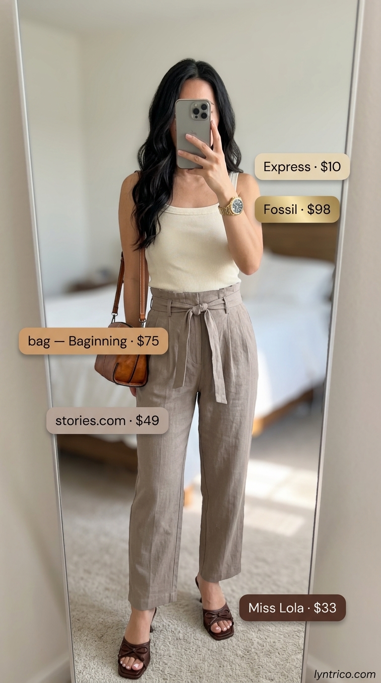 Comfy Oversized Summer Outfits 2026: Sophisticated Comfort Comfy oversized summer outfits for women 2026: Charcoal trousers, cream tank, block heels for smart casual.