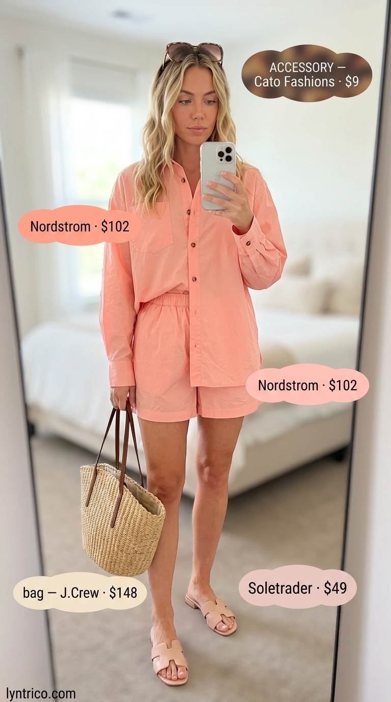 Comfy Oversized Summer Outfits for Women 2026: Resort Lounging Comfy oversized summer outfits for women 2026: Coral matching set, straw tote, sunglasses for vibrant resort lounging. Relaxed and playful.