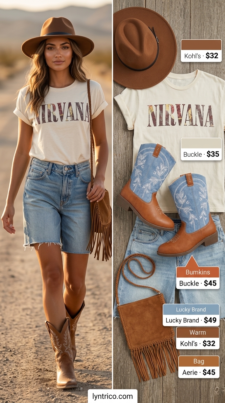 Comfy Oversized Summer Outfits 2026: Boho Festival Ready Comfy oversized summer outfits for women 2026: Denim shorts, graphic tee, cowboy boots for festival style.