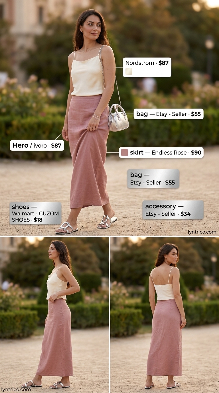 Comfy Oversized Summer Outfits for Women 2026: Garden Party Comfy oversized summer outfits for women 2026: Dusty rose maxi skirt, ivory cami, silver sandals for a twilight garden party. Elegant and flowy.