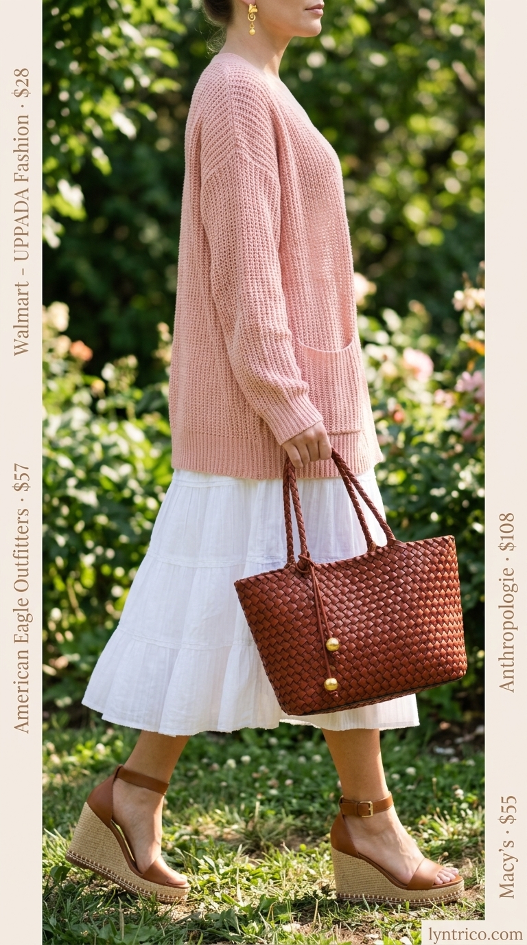 Comfy Oversized Summer Outfits 2026: Garden Party Chic Comfy oversized summer outfits for women 2026: Pink knit sweater, white midi skirt, espadrilles for garden party.