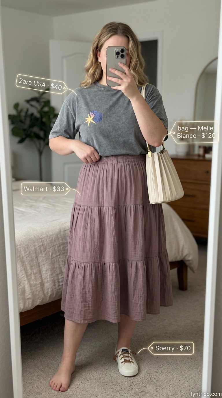 Comfy Oversized Summer Outfits 2026: Graphic Tee & Skirt Comfy oversized summer outfits for women 2026: Lavender graphic tee, tiered skirt, white sneakers, off-white bag.