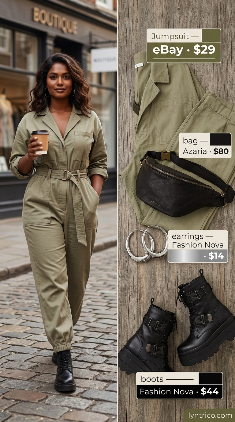 Comfy oversized summer outfits for women 2026: Khaki utility jumpsuit, combat boots, belt bag for urban chic. Utilitarian and edgy.