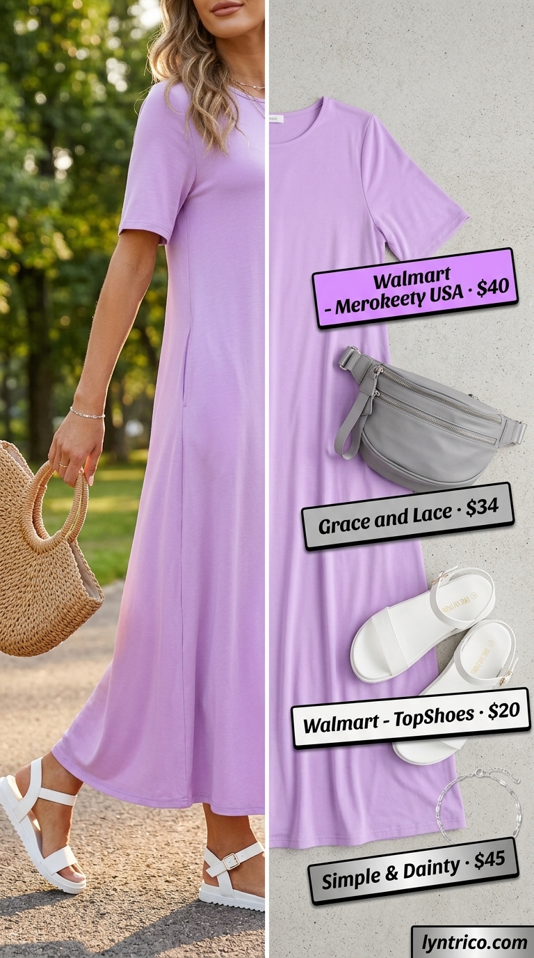 Comfy Oversized Summer Outfits 2026: Maxi T-Shirt Dress Comfy oversized summer outfits for women 2026: Lavender maxi t-shirt dress, white sandals, grey belt bag.