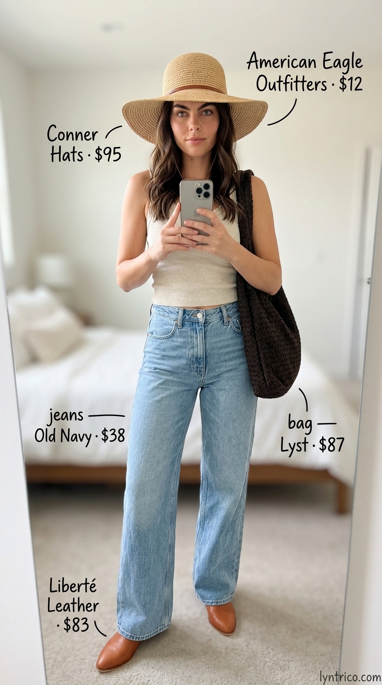 Comfy Oversized Summer Outfits for Women 2026: Denim Dreamer Comfy oversized summer outfits for women 2026: Light wash wide-leg jeans, oatmeal knit tank, brown hobo bag for a denim dreamer look. Modern and natural.