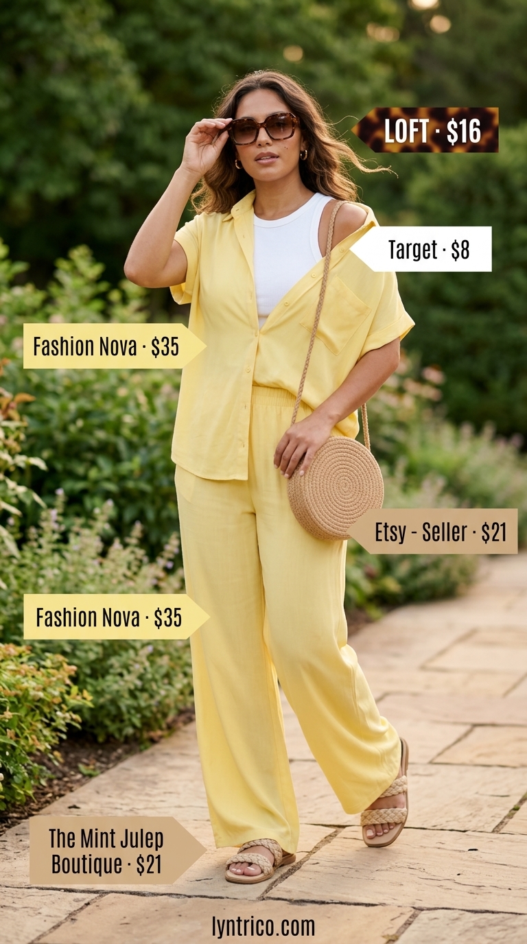 Comfy Oversized Summer Outfits 2026: Linen Set Comfy oversized summer outfits for women 2026: Yellow linen matching set, espadrilles, straw bag, sunglasses.