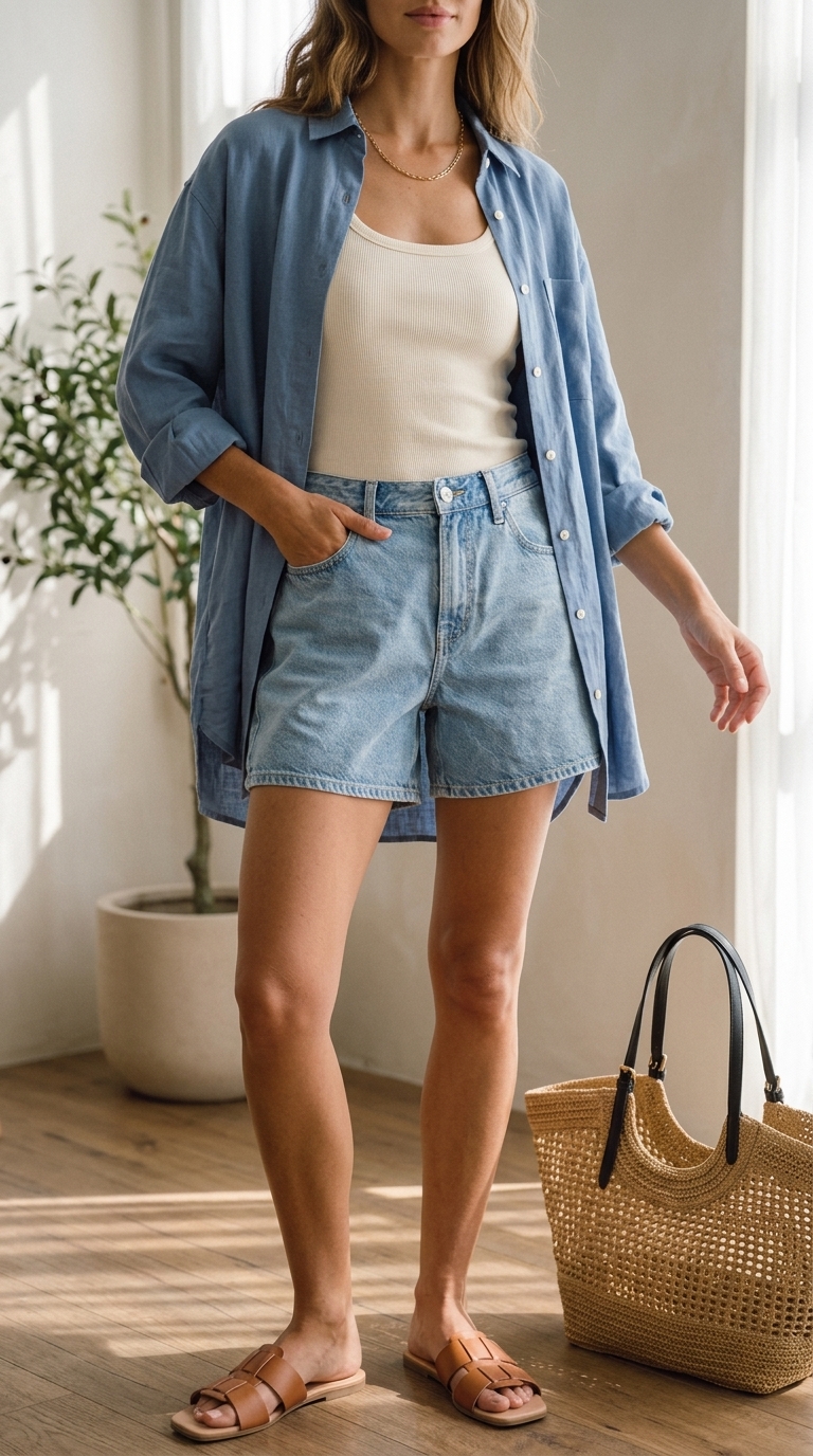 Comfy Oversized Summer Outfits 2026: Linen Shirt & Denim Comfy oversized summer outfits for women 2026: Sky blue linen shirt, denim shorts, straw tote, tan slides.