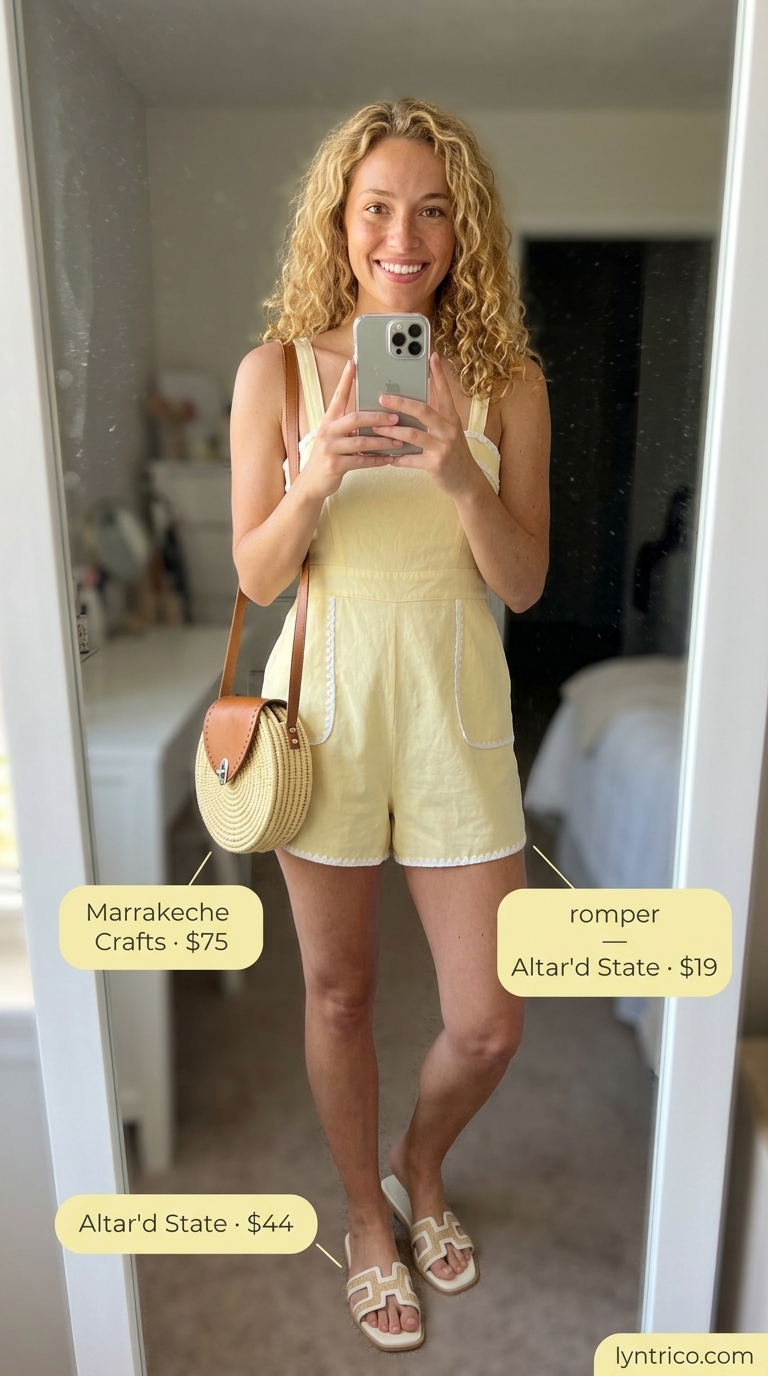 Comfy Oversized Summer Outfits for Women 2026: Sunny Meadow Comfy oversized summer outfits for women 2026: Pale yellow linen romper, straw bag, white sandals for a sunny meadow romp. Sweet and playful.