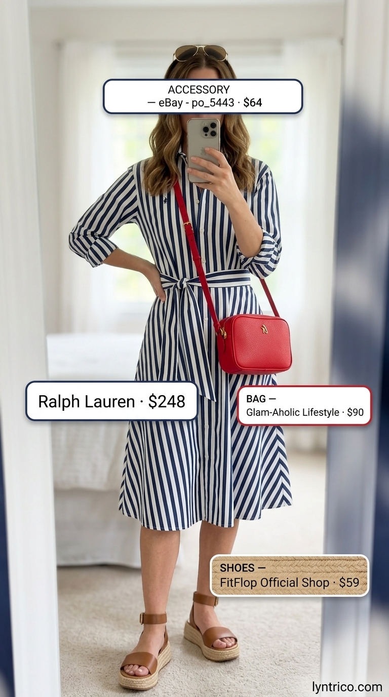 Comfy Oversized Summer Outfits 2026: Striped Summer Retreat Comfy oversized summer outfits for women 2026: Striped shirt dress, espadrilles, aviators for classic resort.