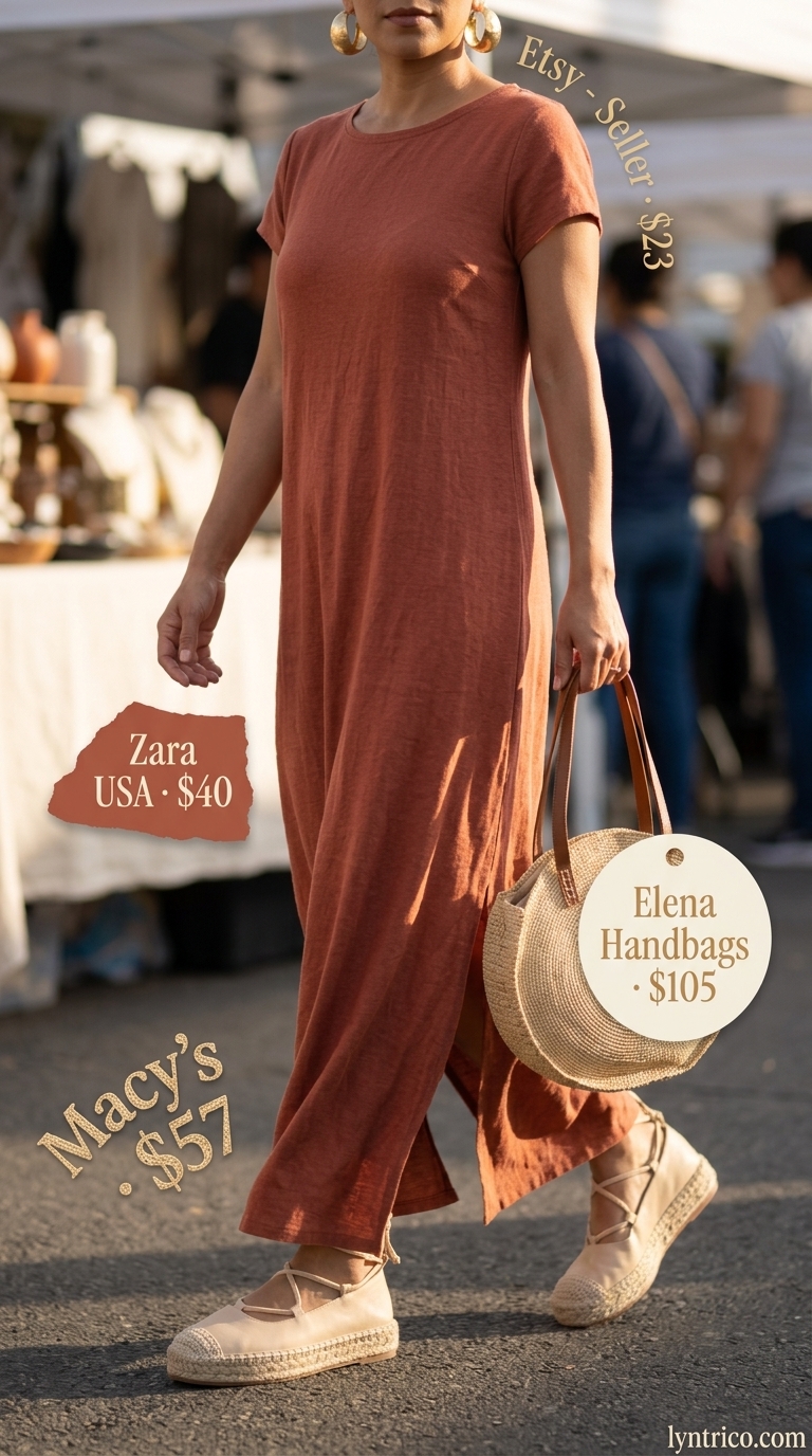 Comfy Oversized Summer Outfits 2026: Desert Bloom Maxi Comfy oversized summer outfits for women 2026: Terracotta maxi dress, espadrilles, straw bag for bohemian vibes.