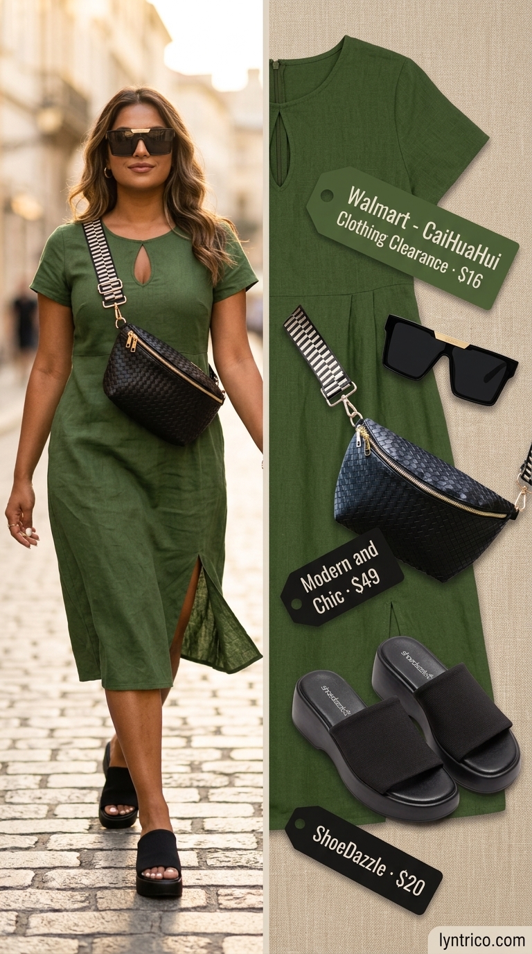 Comfy Oversized Summer Outfits 2026: Effortless City Style Comfy oversized summer outfits for women 2026: Olive green t-shirt dress, platform slides, belt bag for city escape.