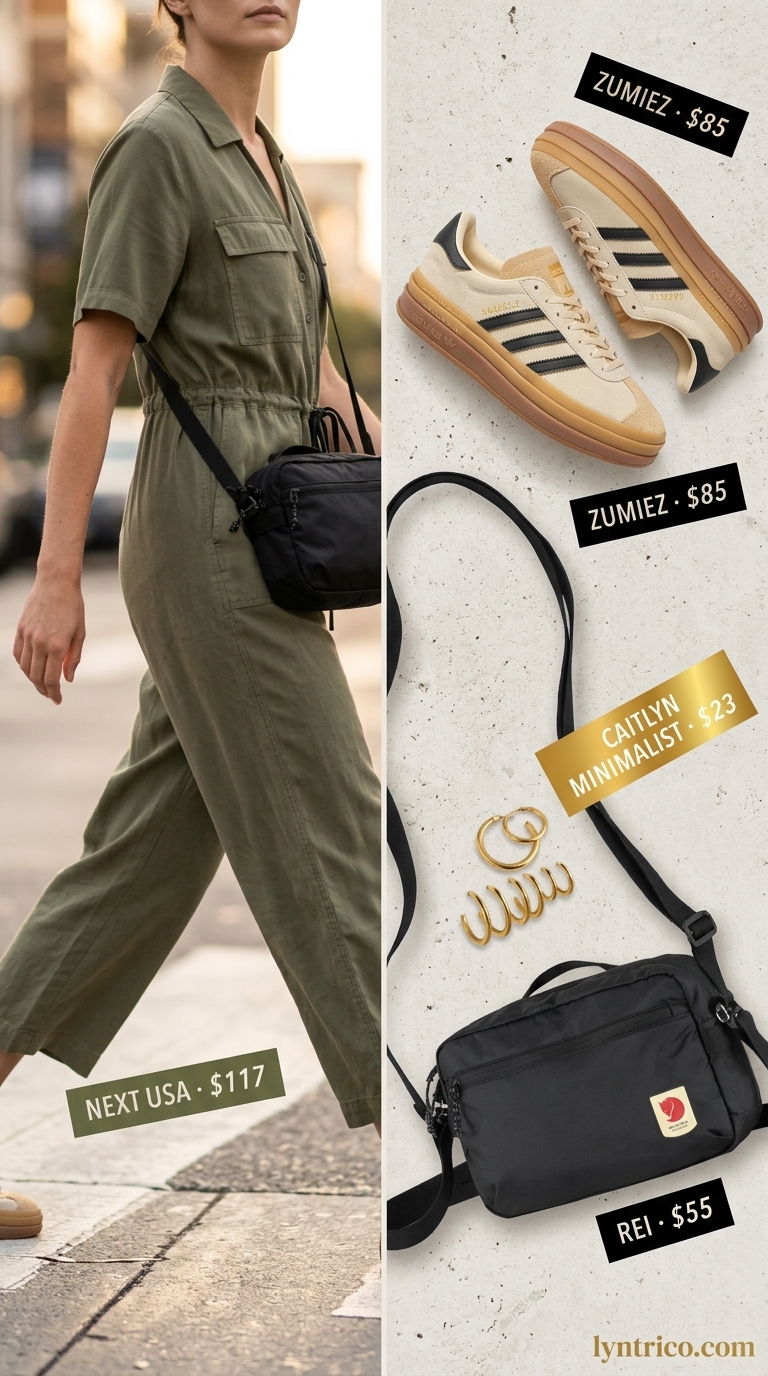 Comfy Oversized Summer Outfits 2026: Urban Explorer Jumpsuit Comfy oversized summer outfits for women 2026: Olive green utility jumpsuit, chunky sneakers for city exploration.