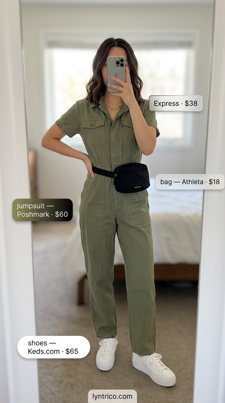 Comfy Oversized Summer Outfits 2026: Urban Safari Jumpsuit Comfy oversized summer outfits for women 2026: Olive green utility jumpsuit, black belt bag, white sneakers, gold chain.