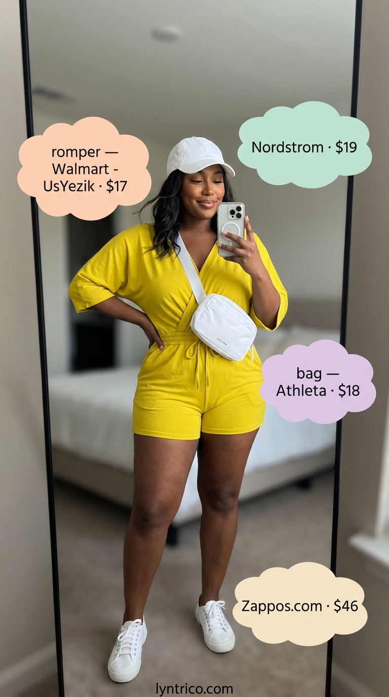 Comfy Oversized Summer Outfits for Women 2026: Park Day Style Comfy oversized summer outfits for women 2026: Yellow romper, white cap, belt bag for a playful park day. Effortless and stylish.