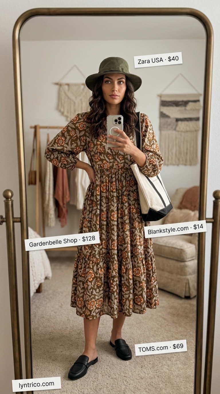 Muted olive & mustard abstract print sundress with bucket hat for artsy gallery outfits 2026.