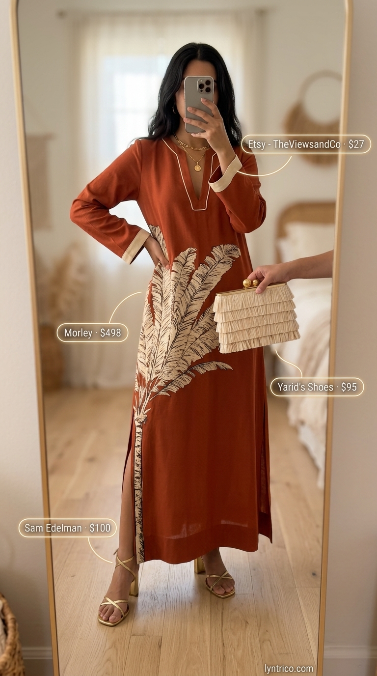 Terracotta cotton summer sundress 2026 with gold accents for a bohemian desert resort dinner.