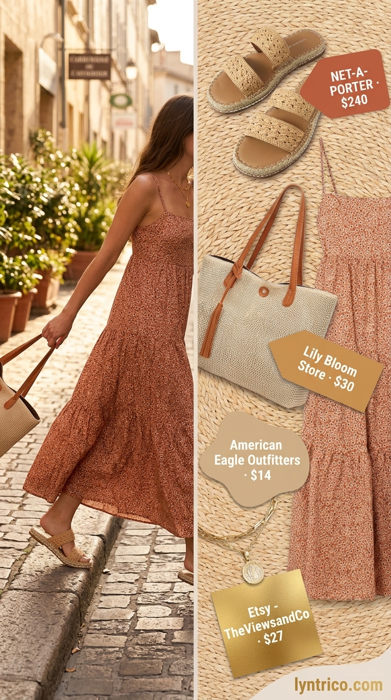 Boho terracotta floral cotton maxi sundress for farmers markets or beach vacations. 2026.