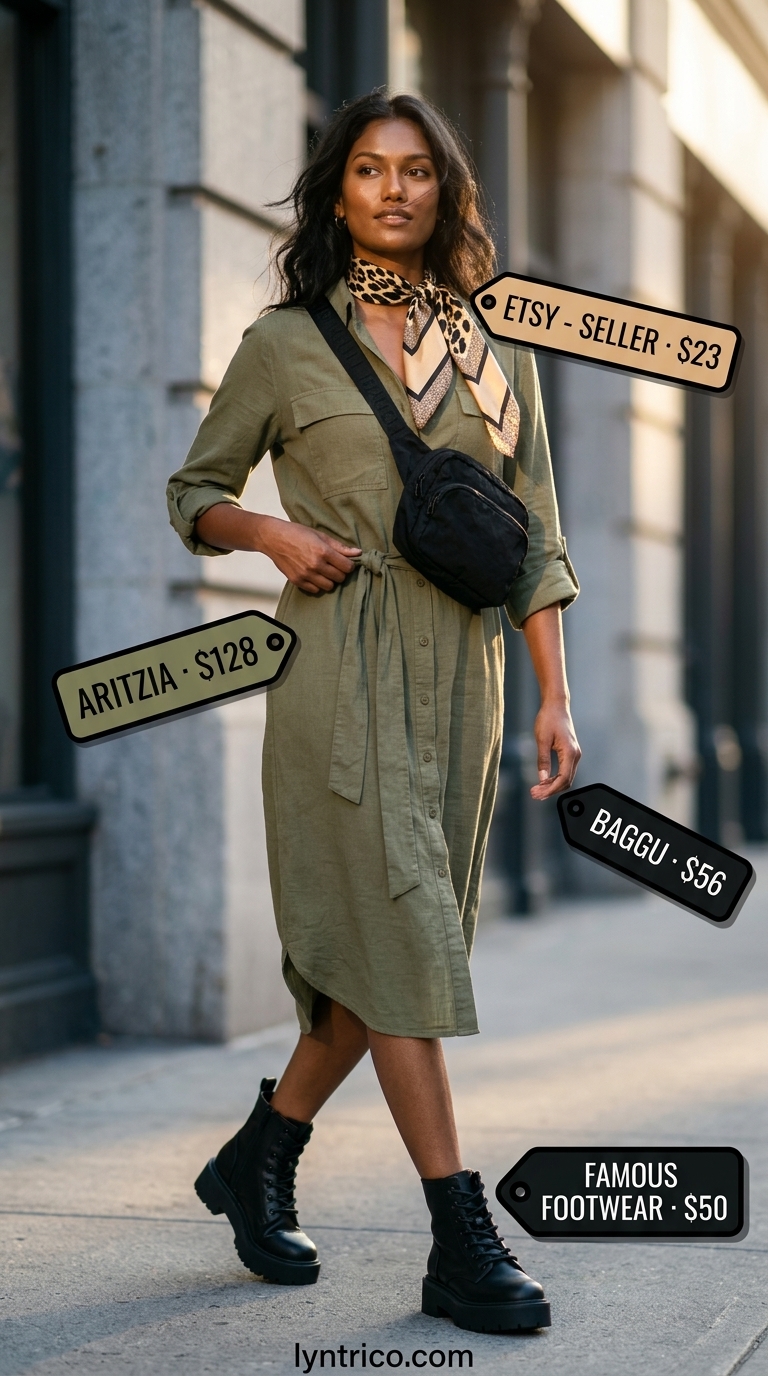 Edgy khaki utility cotton sundress outfit for city exploration or casual Fridays. 2026.