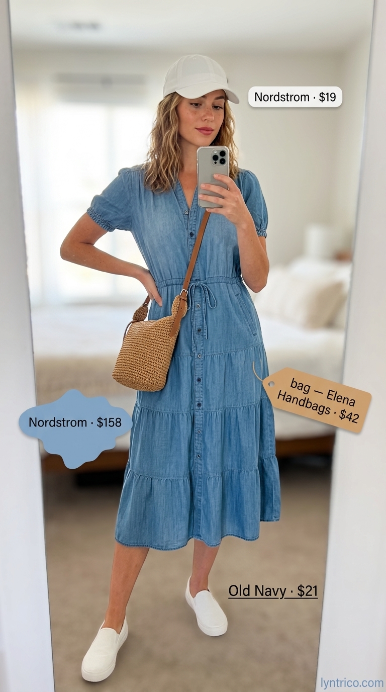 Light blue cotton summer sundress 2026 with white sneakers for a farmers market trip.