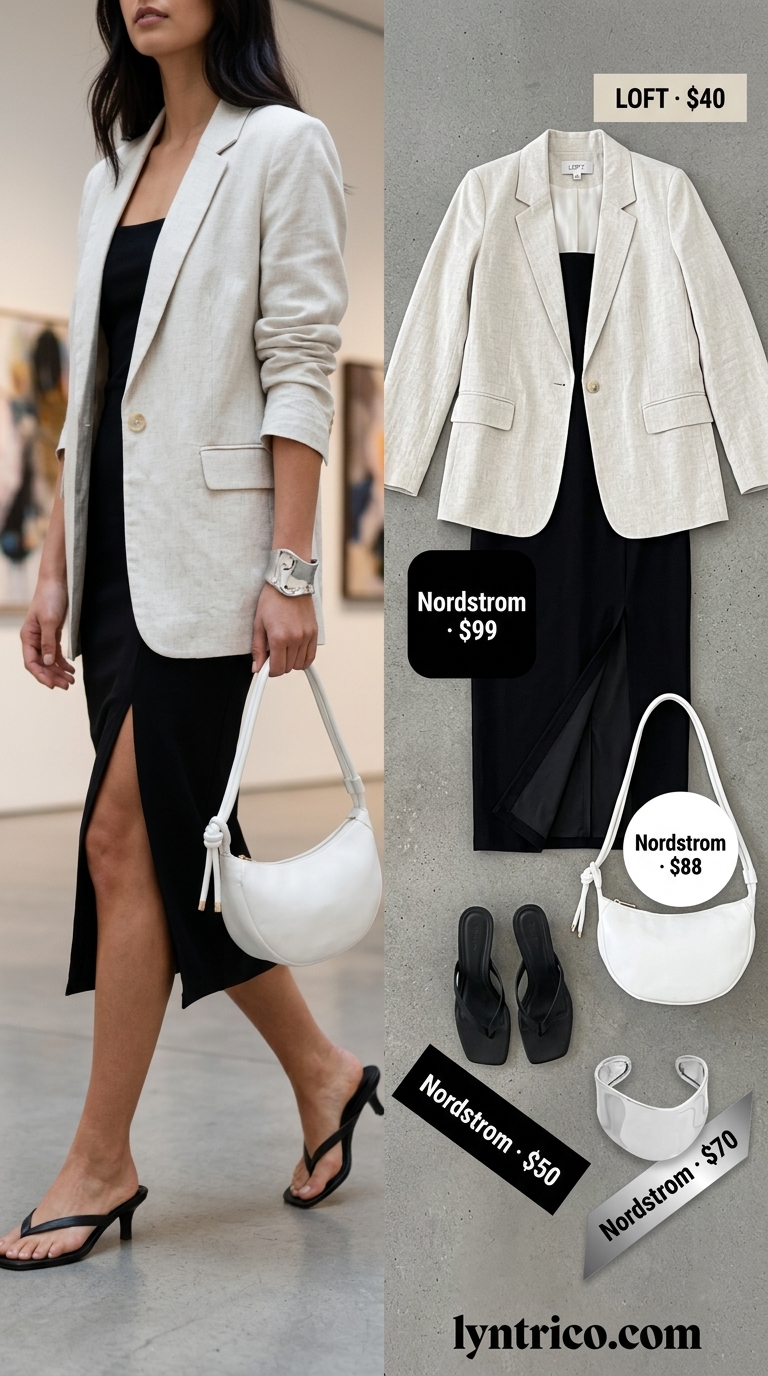 Black cotton summer sundress 2026 with a white linen blazer for gallery evening.