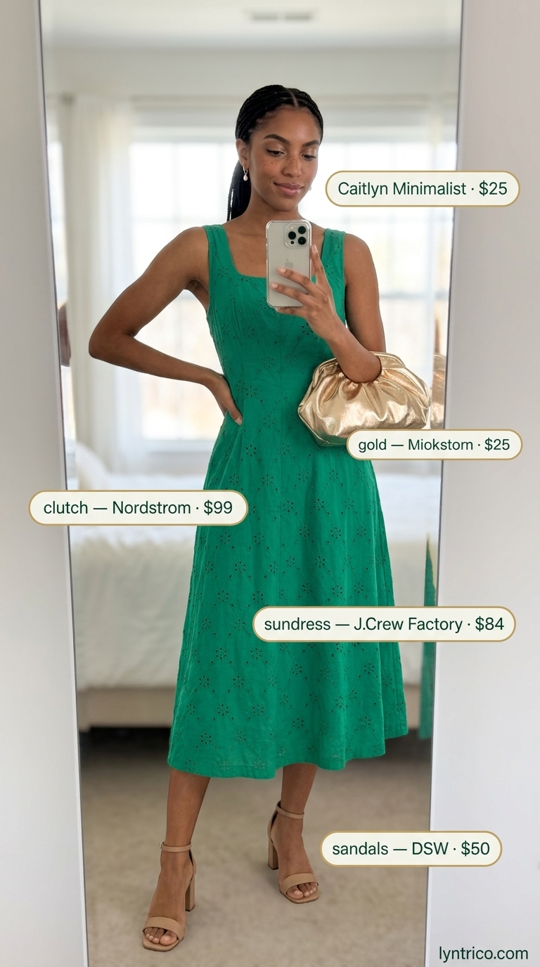Emerald green cotton summer sundress 2026 with nude sandals for a lakeside dinner.