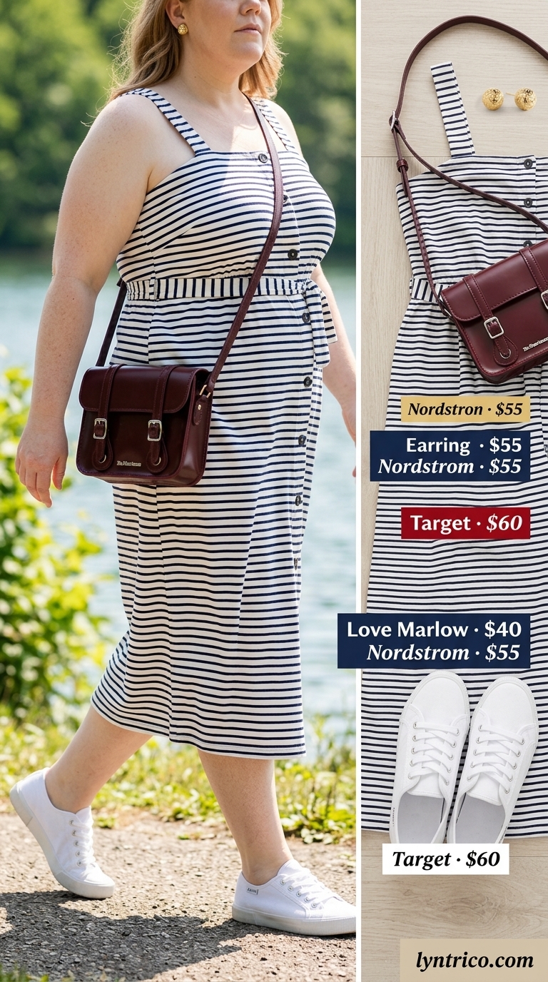 Polished navy and white stripe cotton sundress for brunch or lakeside lunch. 2026 style.