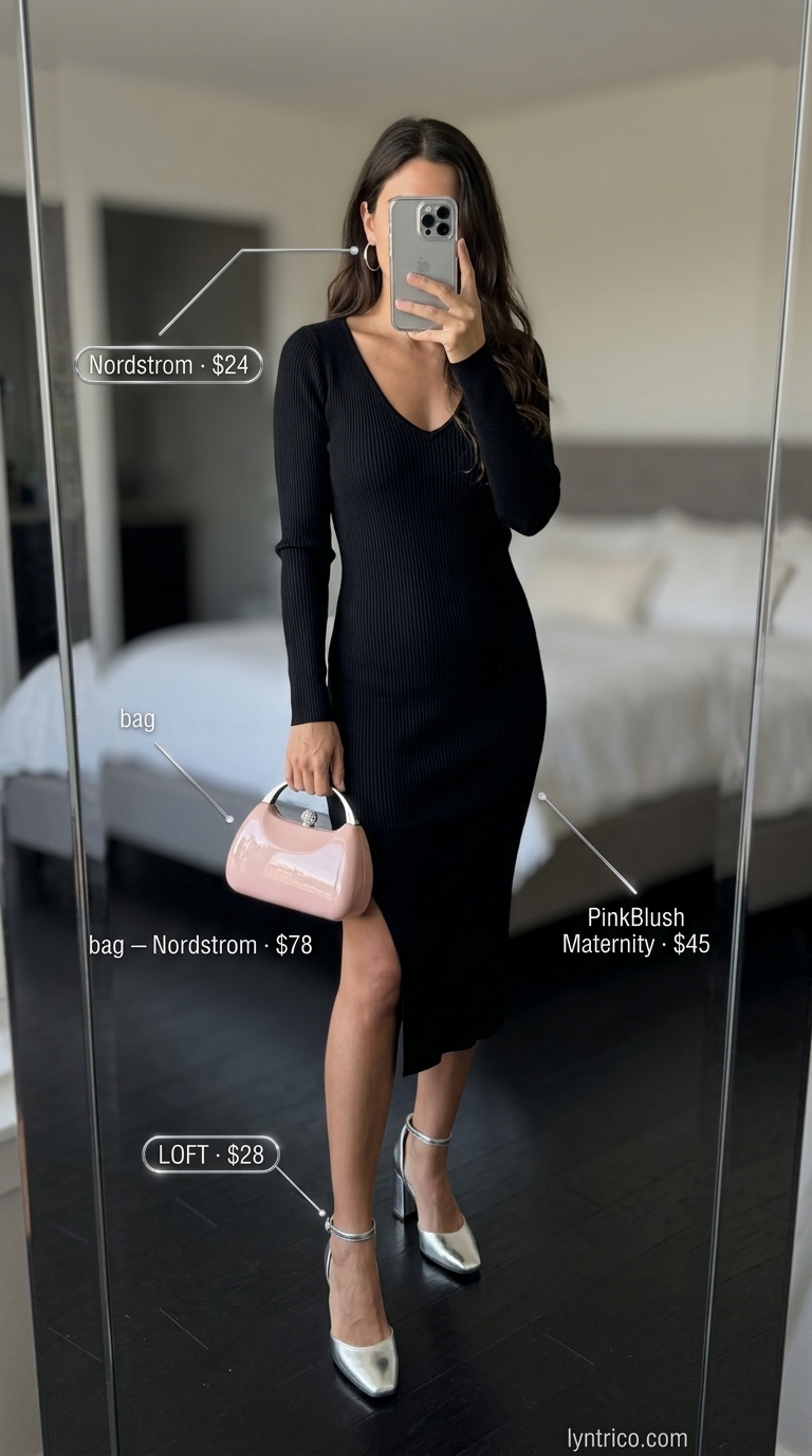 Black ribbed knit midi sundress with silver sandals for midnight rendezvous outfits 2026.