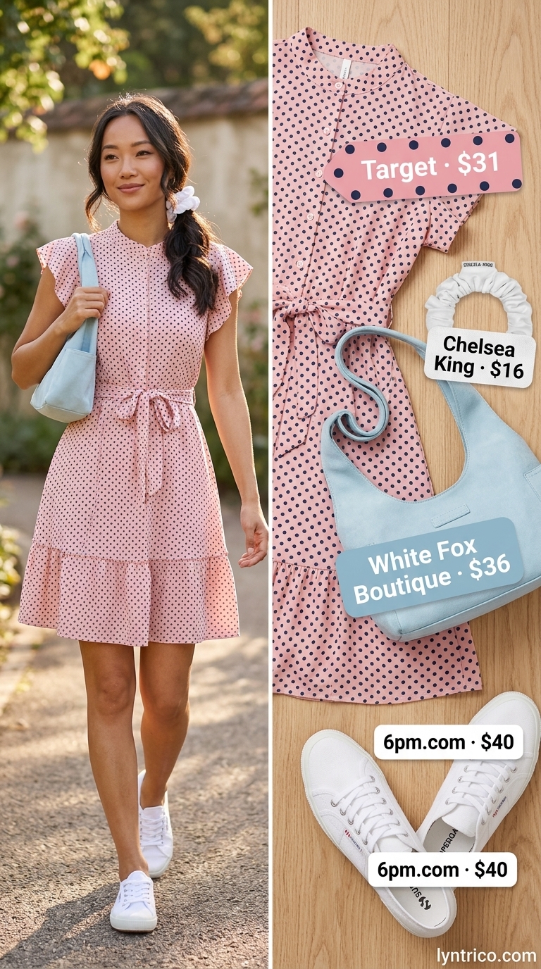 Pastel pink cotton summer sundress 2026 with white sneakers for a playful park day.