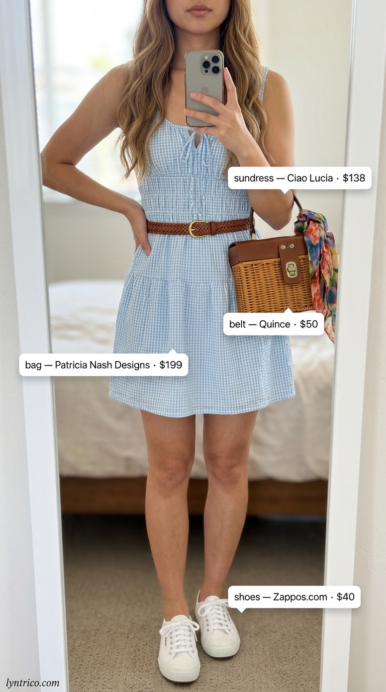 Sky blue gingham cotton summer sundress 2026 with white sneakers for a picnic.