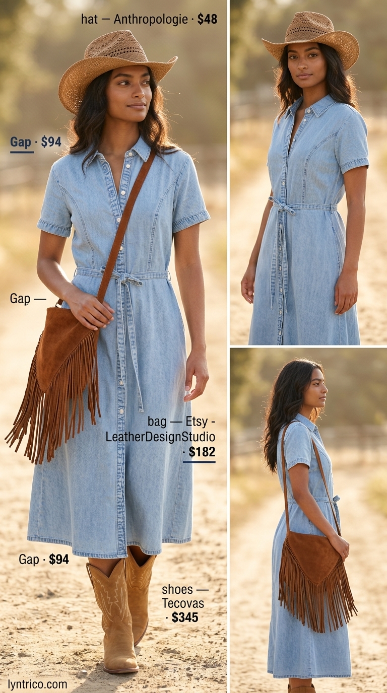 Relaxed light denim blue chambray cotton sundress for ranch-inspired brunch or casual BBQ. 2026.