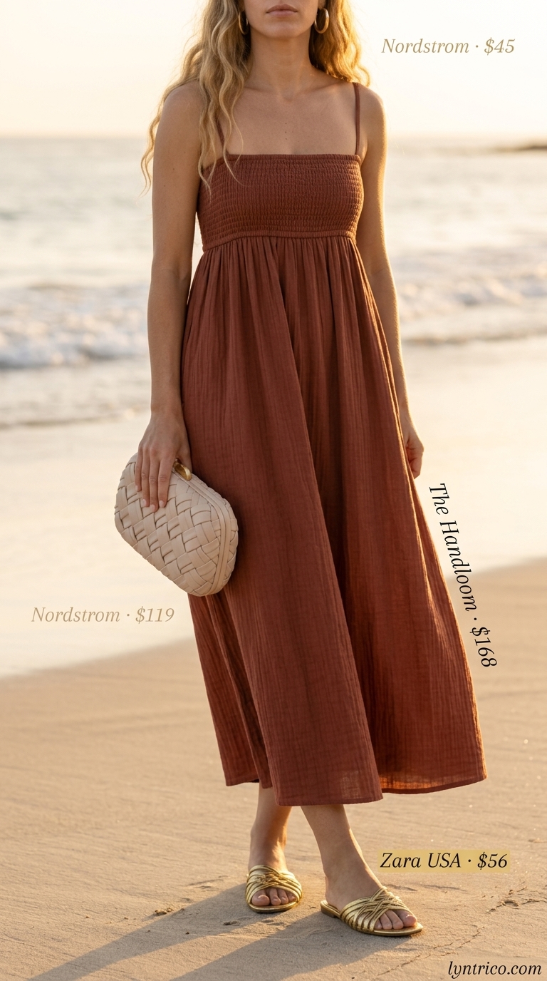 Luxurious terracotta smocked cotton maxi sundress for resort dinners or vacation evenings. 2026.