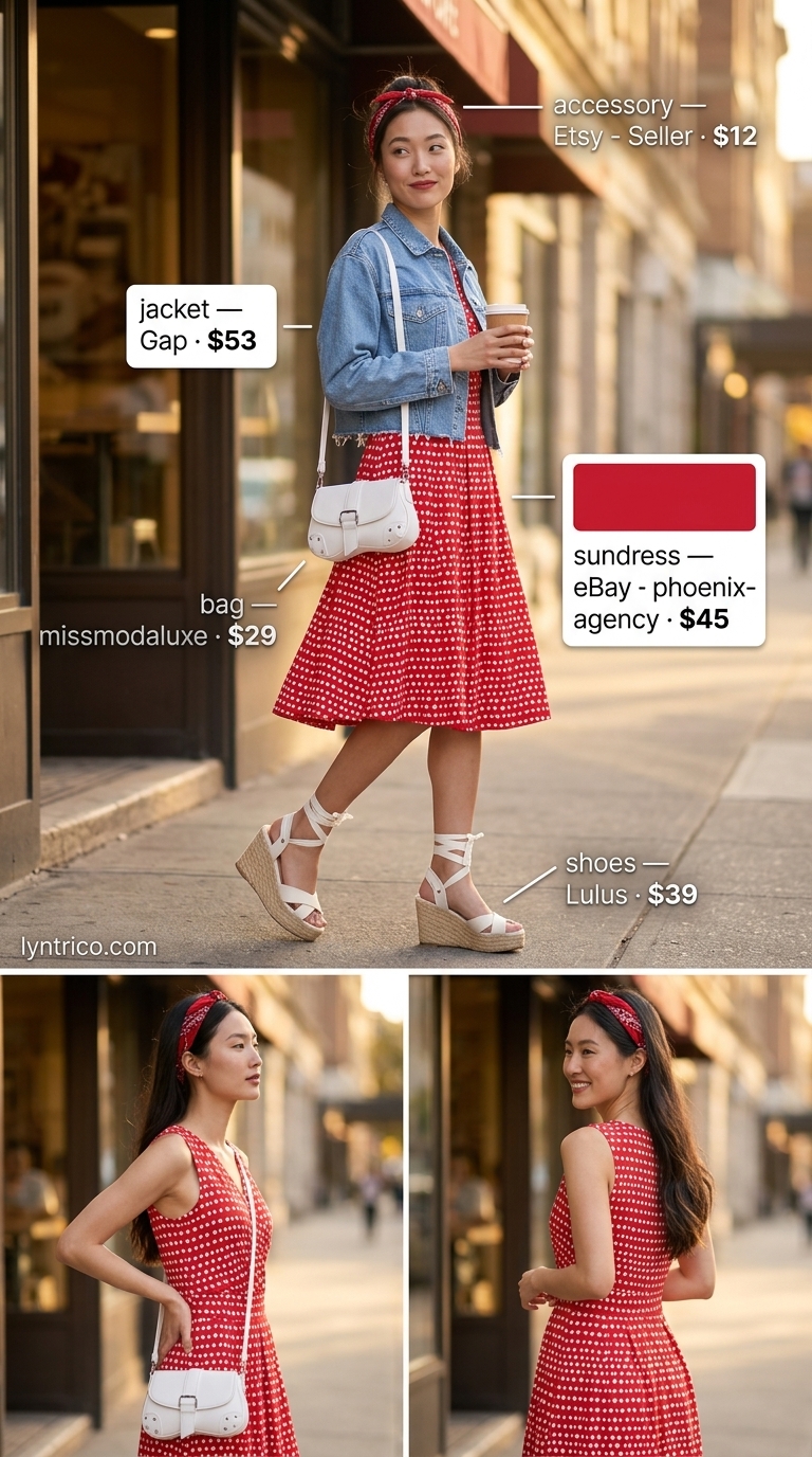 Cherry red polka dot cotton summer sundress 2026 with denim jacket for a summer fair.