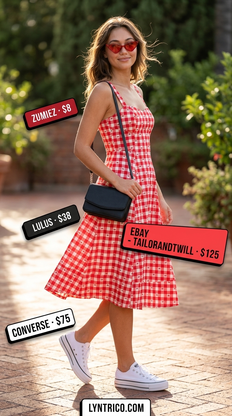 Retro cherry red gingham cotton sundress outfit for summer BBQ, picnic, or outdoor concert. 2026 style.
