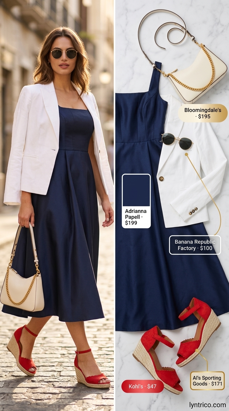 Navy A-line sundress with espadrille wedges and blazer for Riviera chic lunch outfits 2026.