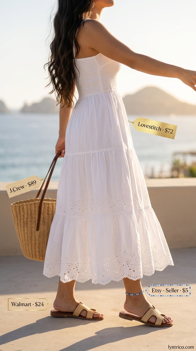 White flowy maxi sundress with straw hat and tote for seaside serenity outfits 2026.