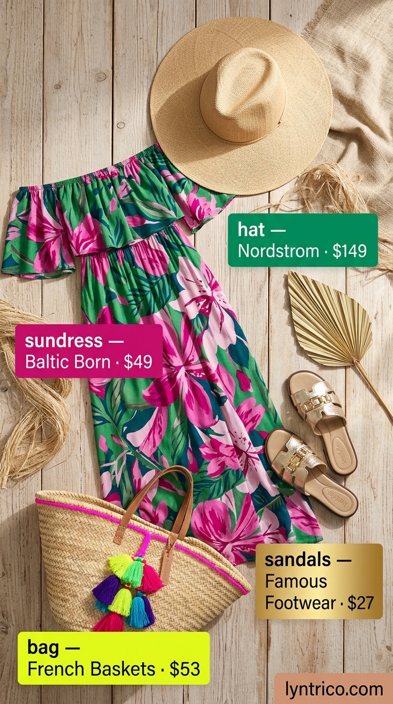Emerald green tropical print maxi sundress with straw hat and tote for resort outfits 2026.