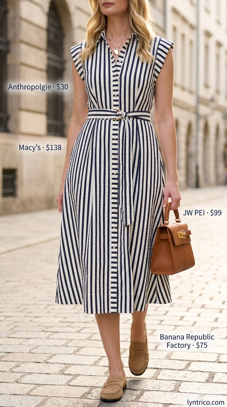Navy stripe shirt dress with tan loafers for urban chic outfits 2026.