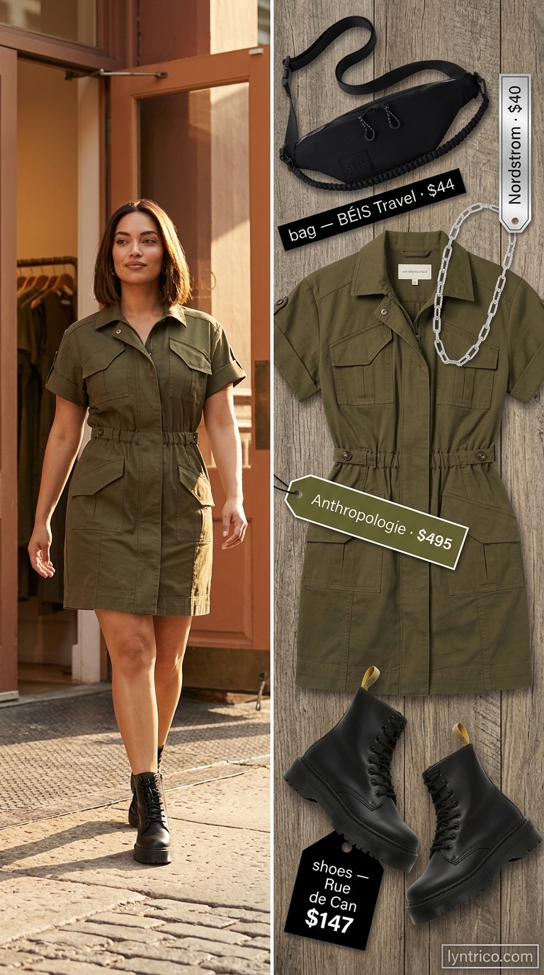Olive green utility sundress with black boots and silver necklace for urban safari adventure outfits 2026.