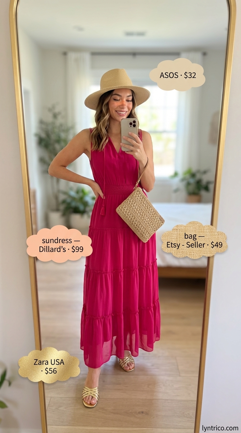 Fuchsia flowy maxi sundress with gold sandals and fedora for vibrant island outfits 2026.