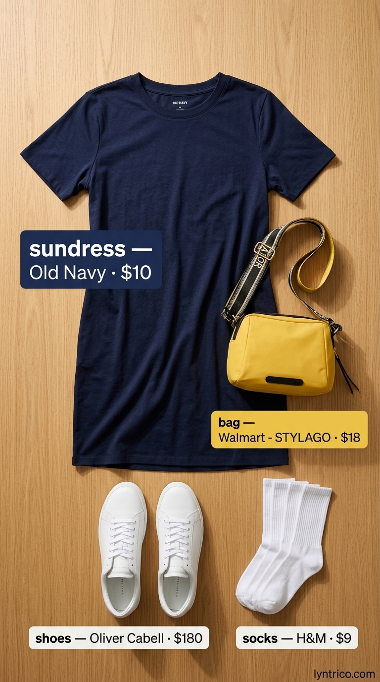 Navy t-shirt sundress with white socks and trainers for weekend brunch outfits 2026.