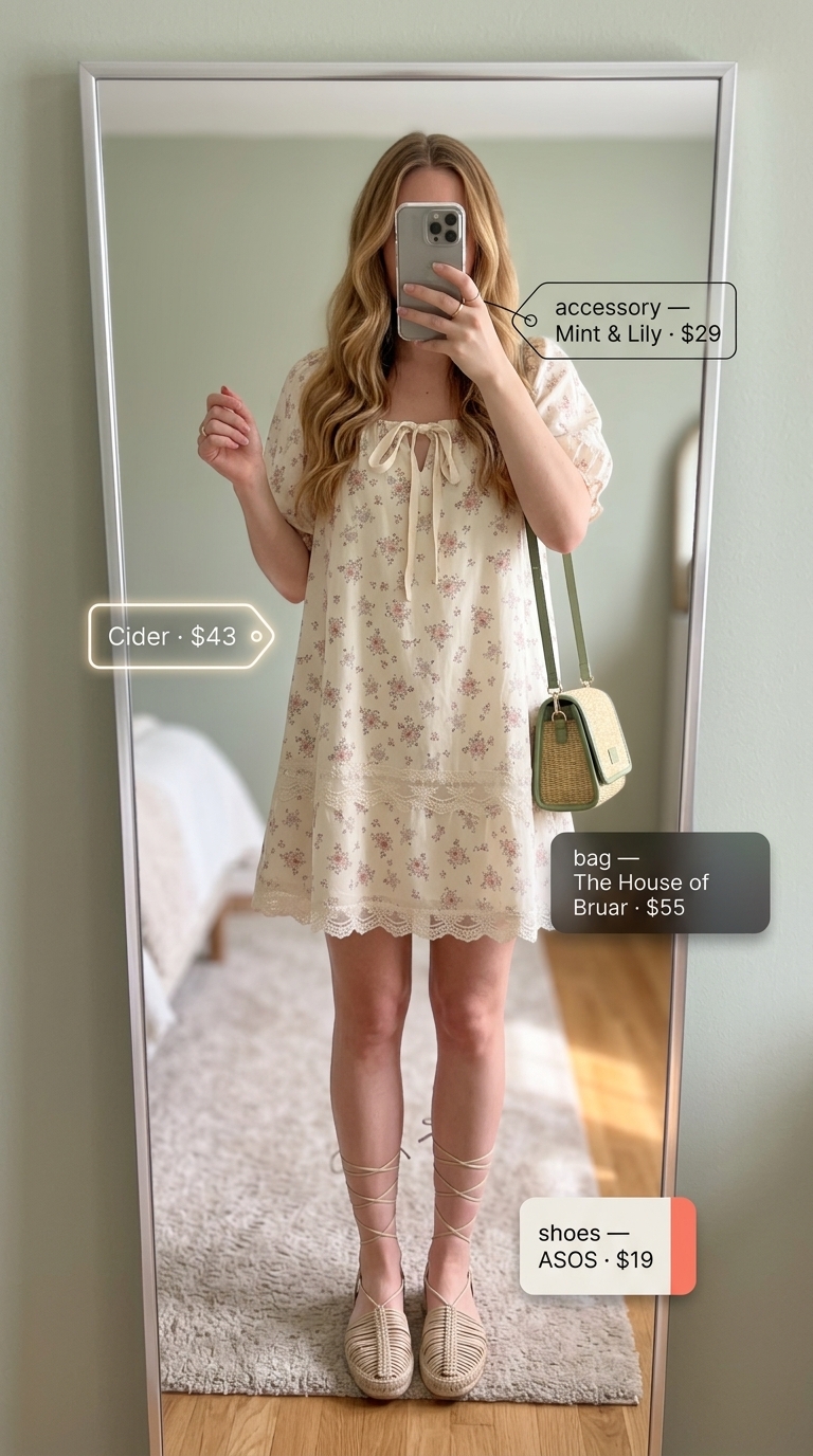 Cream floral cotton summer sundress 2026 with puff sleeves for a garden party.