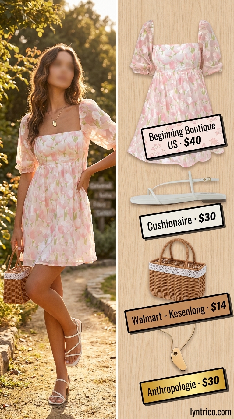 Whimsical pale pink floral cotton sundress outfit for a picnic or daytime date. 2026 fashion.