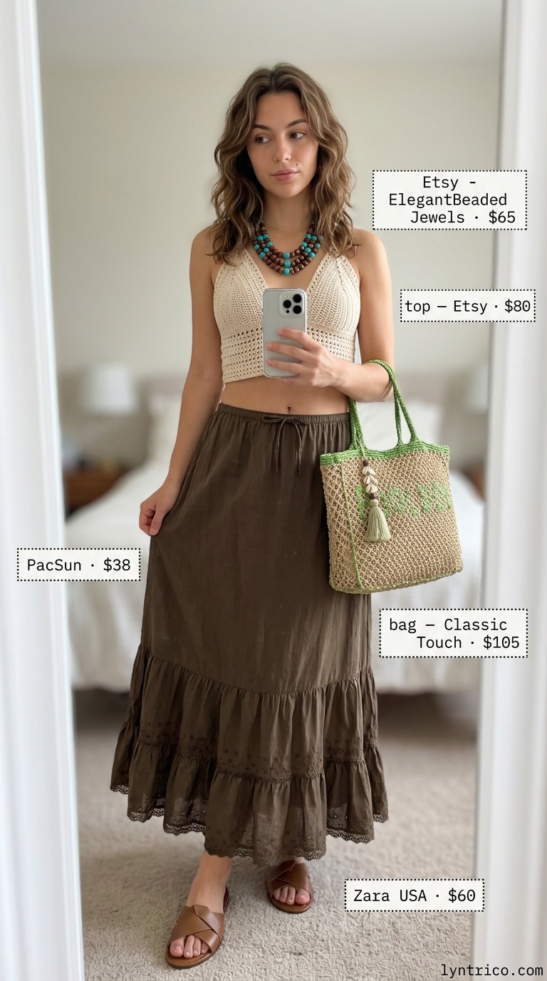 Beige crochet halter top outfit with tiered maxi skirt for beach. Crochet summer halter top outfits 2026.