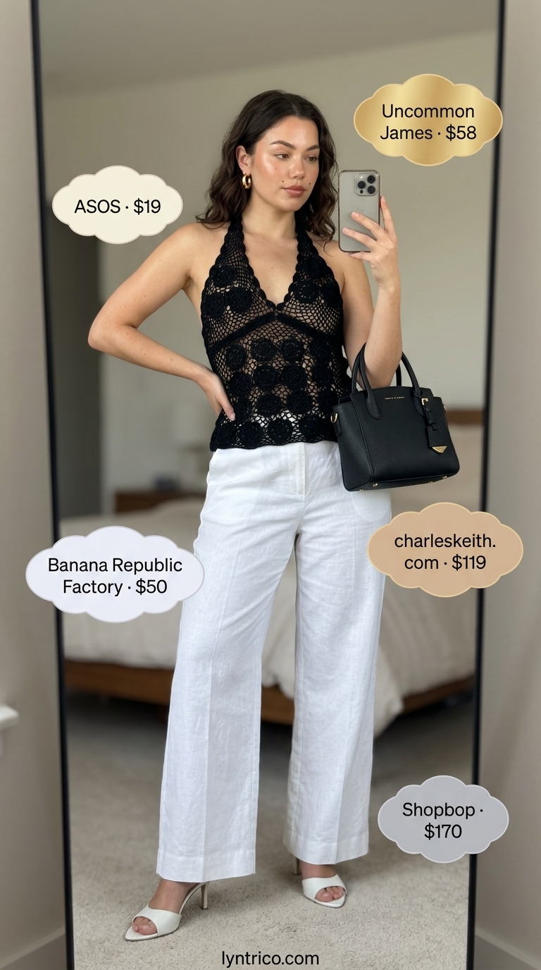 Crochet summer halter top outfits 2026: Black crochet halter top with white trousers and gold hoop earrings for chic city style.