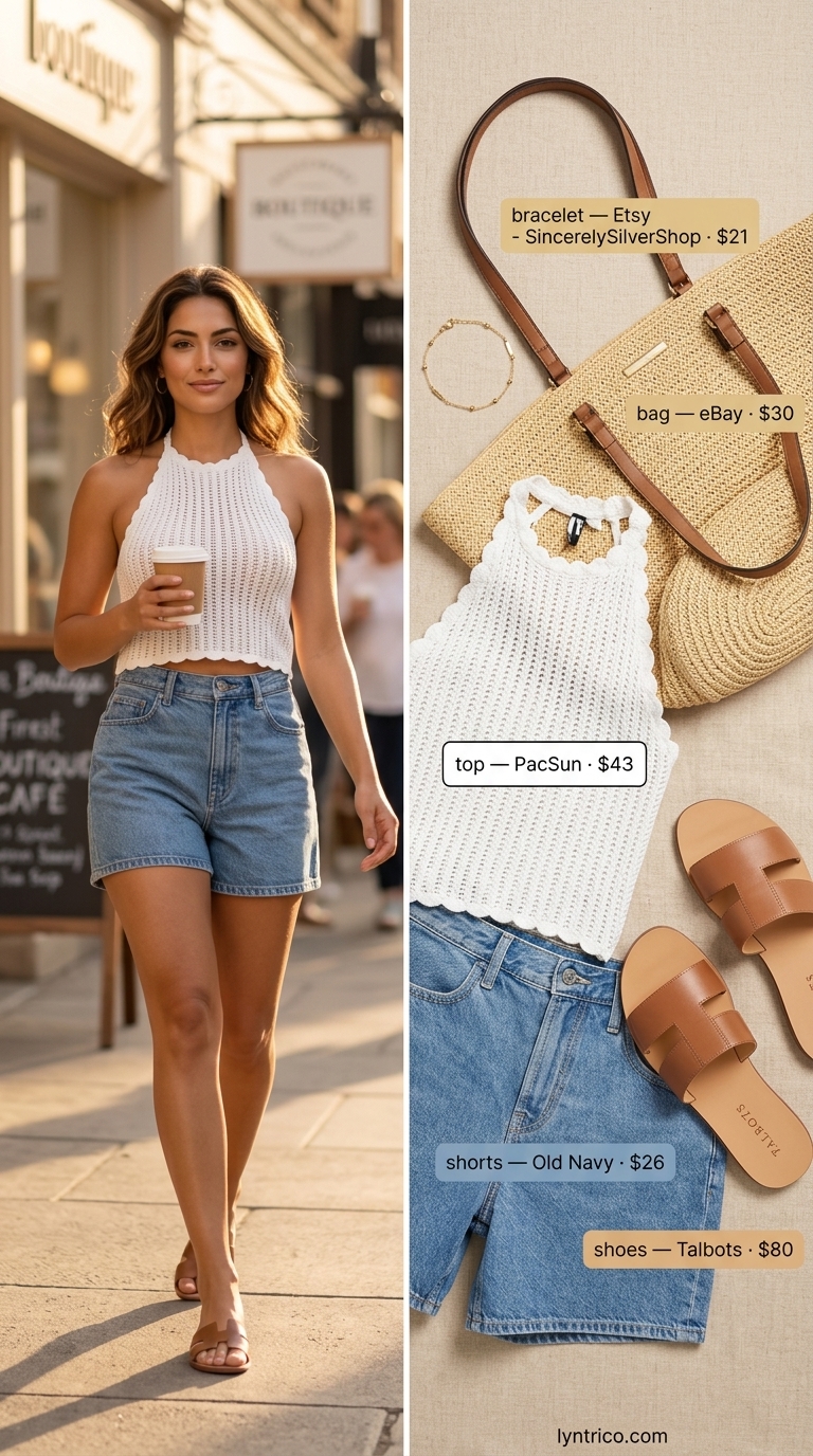 White crochet halter top outfit with denim shorts for beach day. Crochet summer halter top outfits 2026.