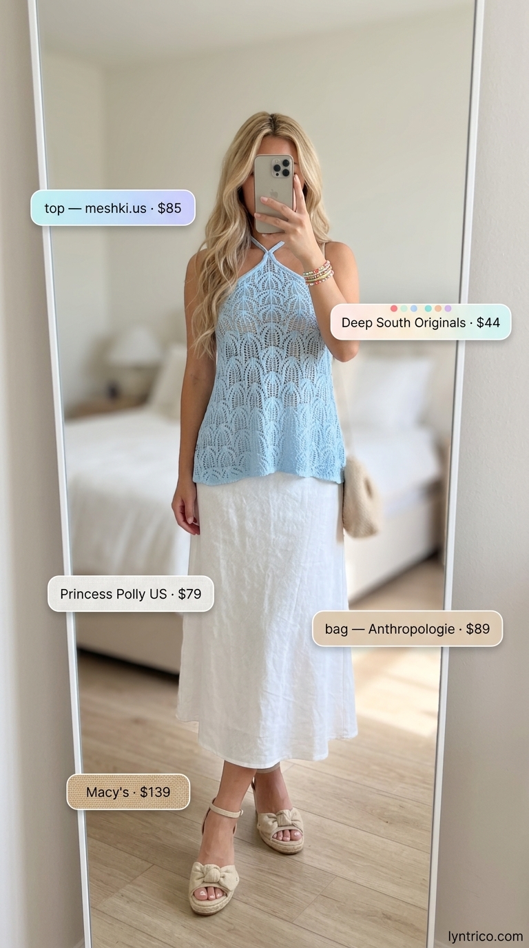 Pale blue crochet halter top with linen midi skirt for coastal brunch outfits 2026. Fresh, light style.