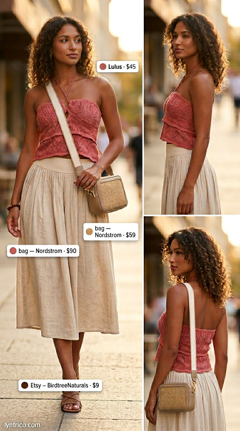 Crochet summer halter top outfits 2026: Dusty rose crochet halter top with sand beige midi skirt and olive green sandals.