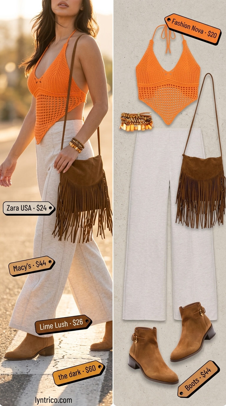 Crochet summer halter top outfits 2026: Terracotta crochet halter top with beige palazzo pants and brown ankle boots for a boho vibe.