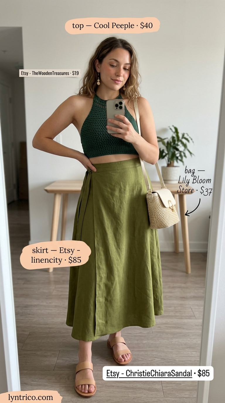 Earthy green crochet halter top outfit with linen maxi skirt for summer evenings. Crochet summer halter top outfits 2026.