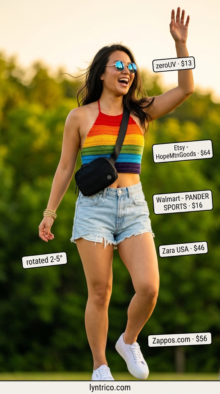 Rainbow striped crochet halter top with denim shorts for fun festival outfits 2026. Playful, energetic style.